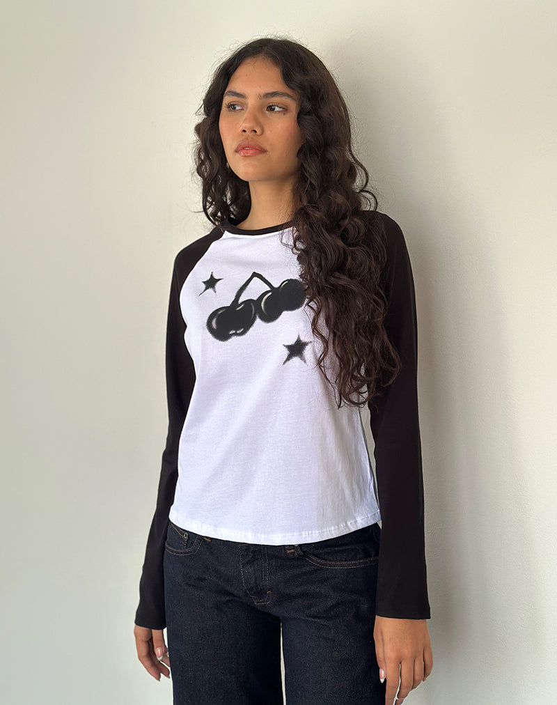 Kyiato top in witte en zwarte kersenprint