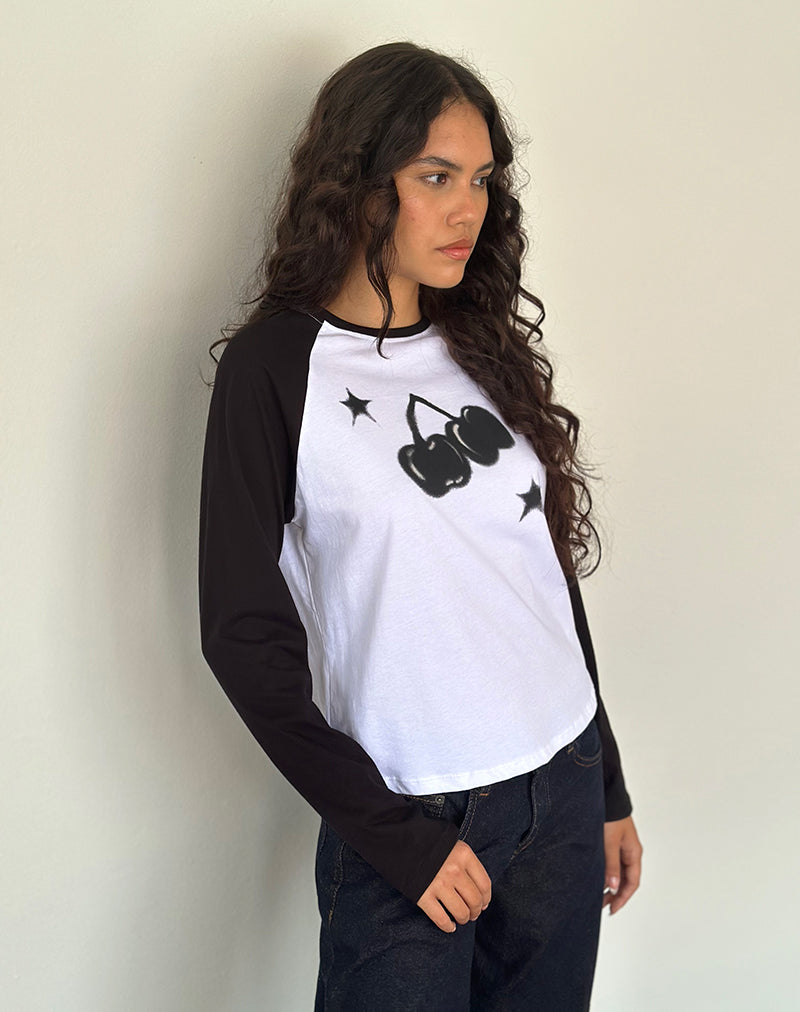 Kyiato top in witte en zwarte kersenprint