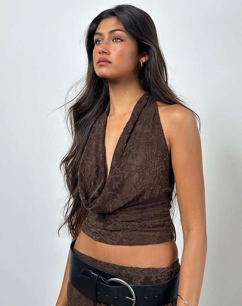 Kylo haltertop in jacquard breisel donkerbruin