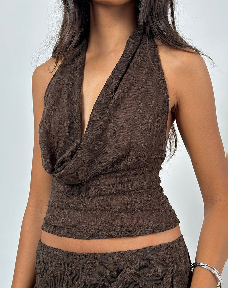 Kylo haltertop in jacquard breisel donkerbruin