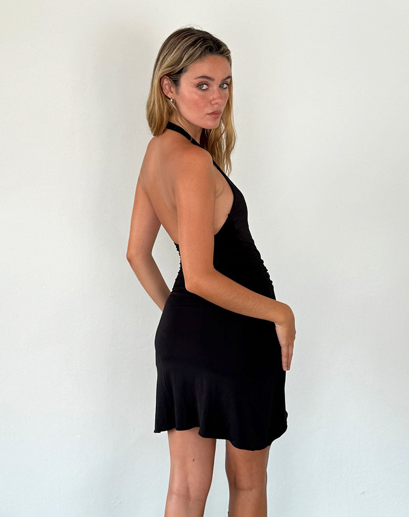 Afbeelding van Kyrie Halterneck Wrap Dress in Slinky Black