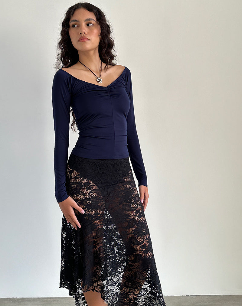Afbeelding van Kaisley Top met lange mouwen met ruches aan de voorkant in Navy