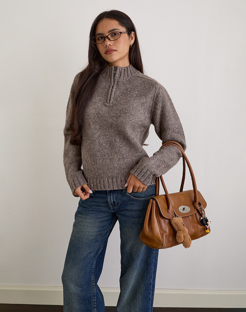 Lamara Quater Zip Trui in Donkerbruin Marl