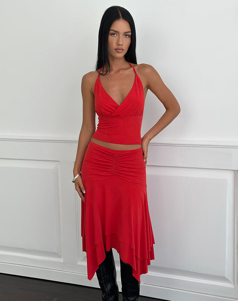 Afbeelding van Samaria Gathered Midi Skirt in Cupro Red