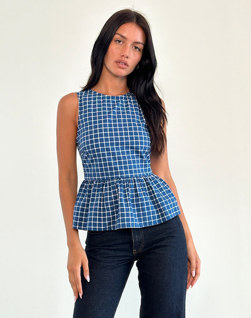 Afbeelding van Lanzo Top met Bandje Terug in Popeline Navy Tartan