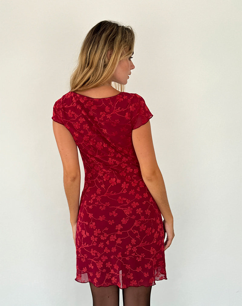 Afbeelding van Lashka Mini Dress in Red Grunge Floral Flock
