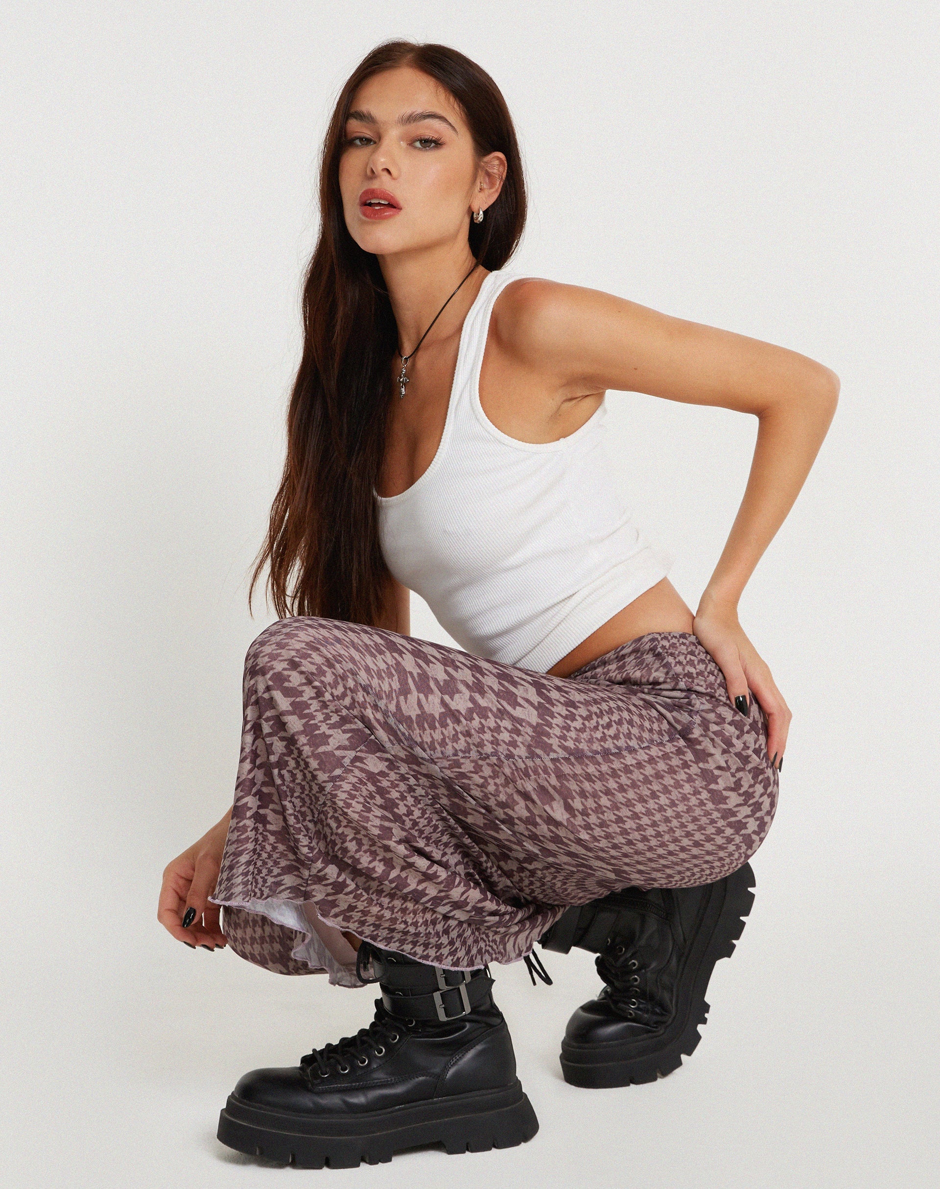 Afbeelding van Lassie Bedrukte Mesh Maxi Rok in Warped Houndstooth Bruin