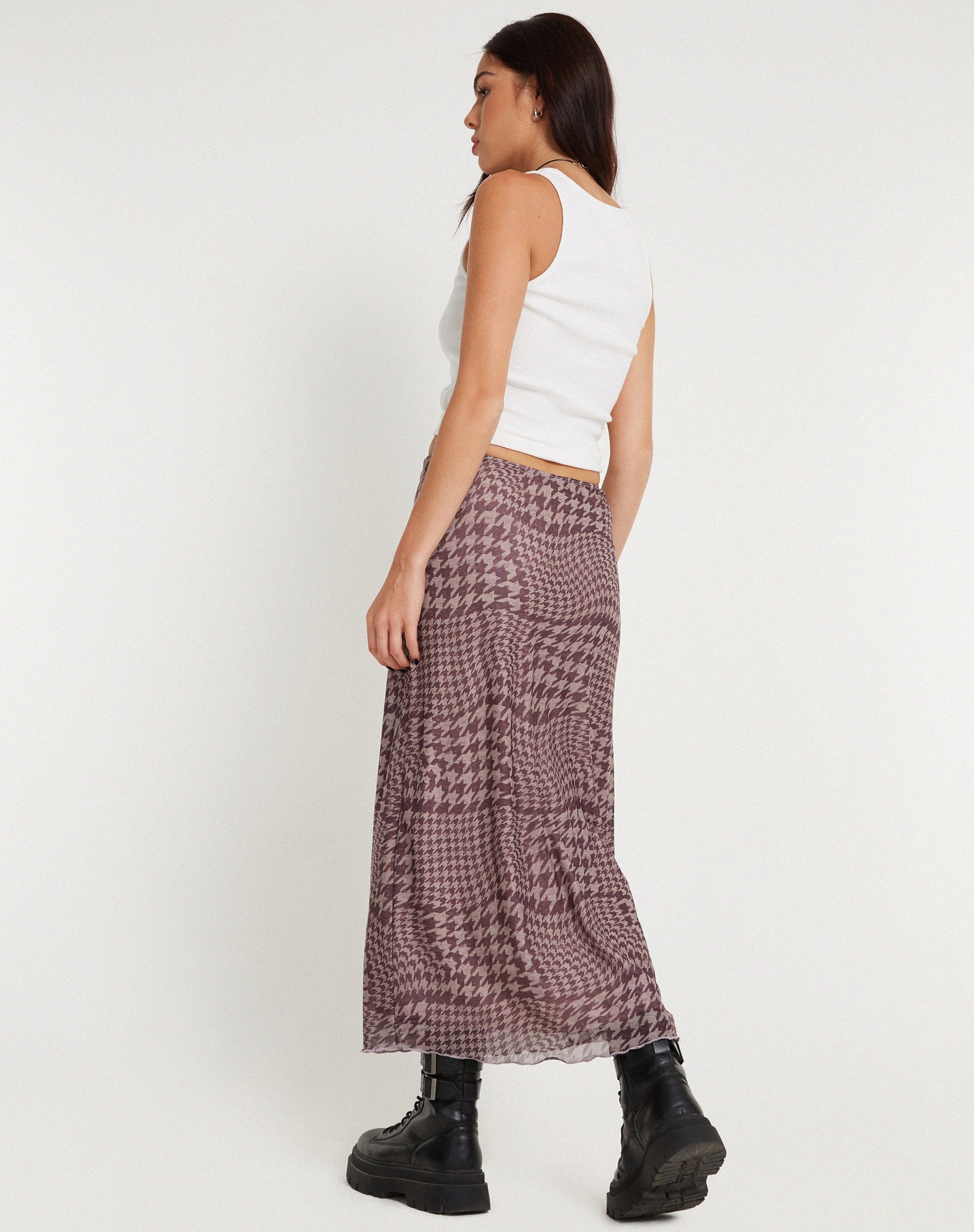 Afbeelding van Lassie Bedrukte Mesh Maxi Rok in Warped Houndstooth Bruin