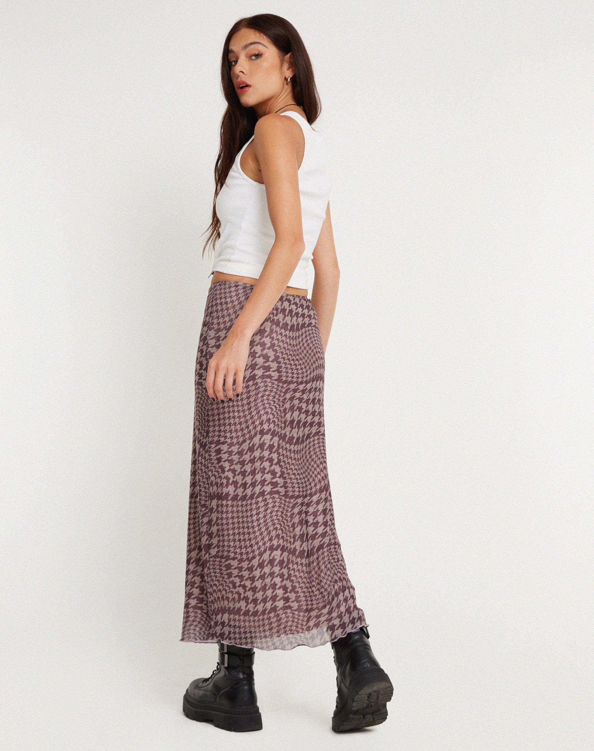Afbeelding van Lassie Bedrukte Mesh Maxi Rok in Warped Houndstooth Bruin