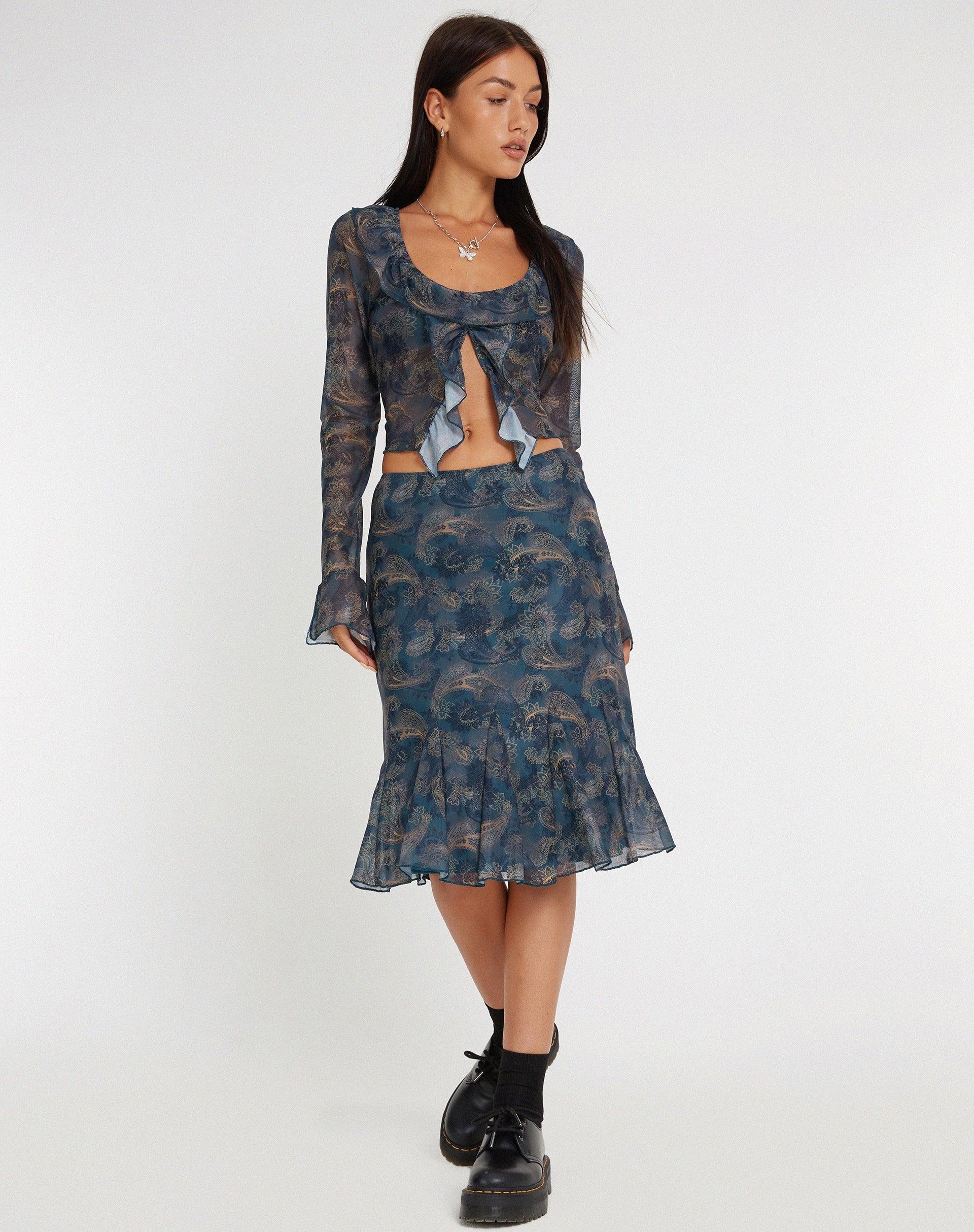 Afbeelding van Latrix Mesh Midi rok in ton-sur-ton blauwe Paisley