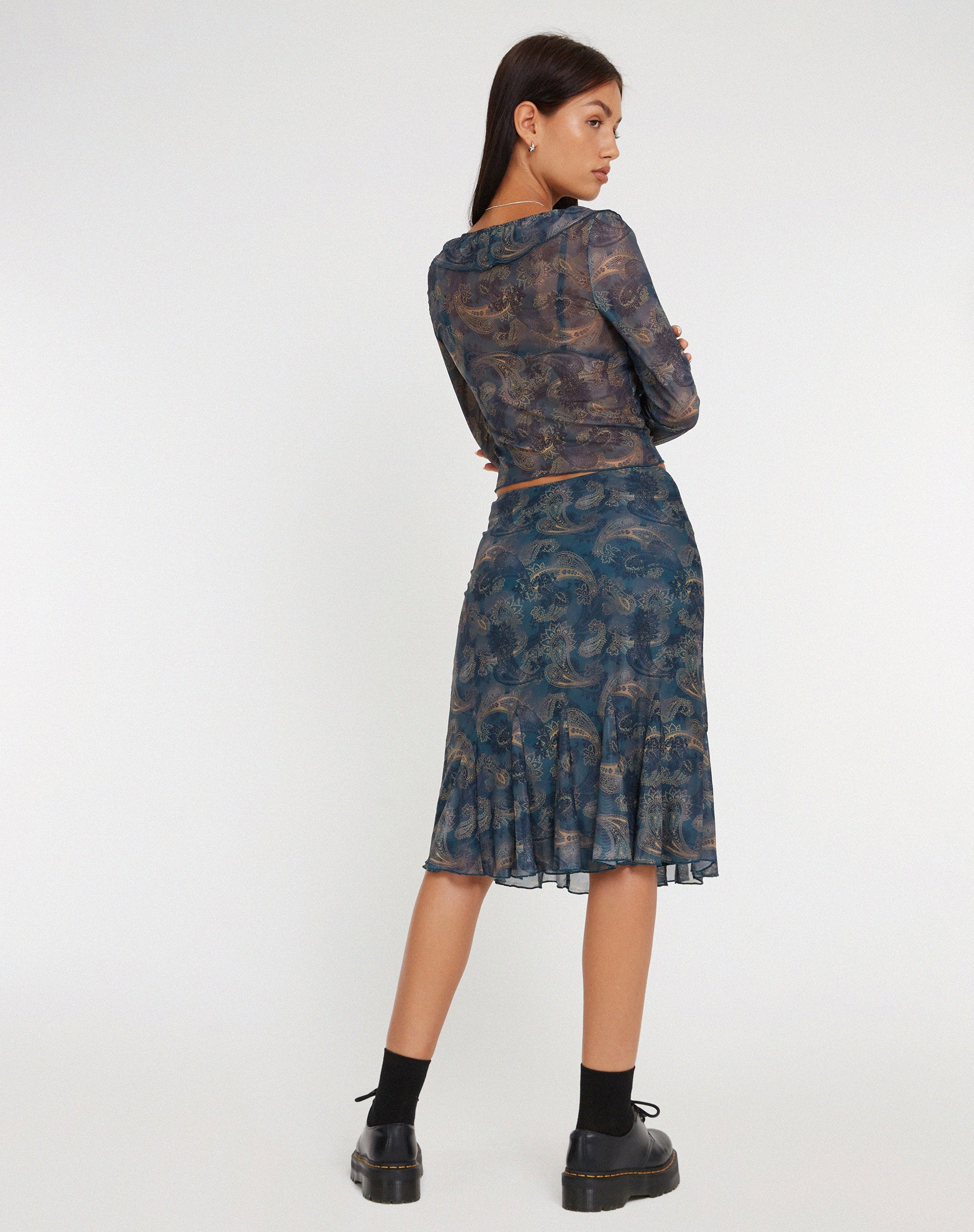 Afbeelding van Latrix Mesh Midi rok in ton-sur-ton blauwe Paisley