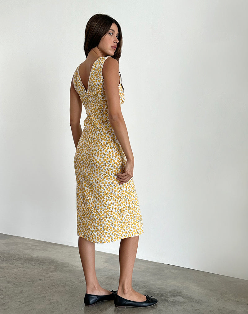 Afbeelding van Lavisha Midi Dress in Yellow Cosmos Garden