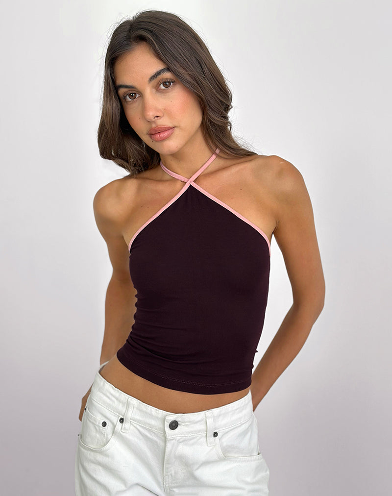 Lay Haltertop in Redwood met roze damesbinding