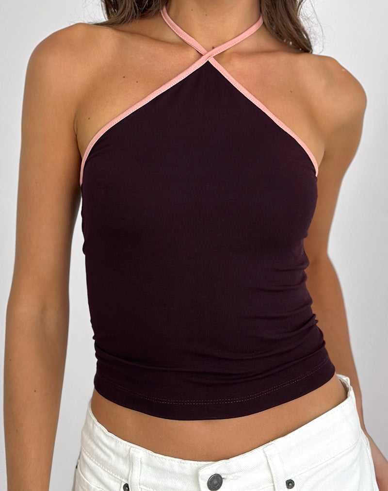 Lay Haltertop in Redwood met roze damesbinding