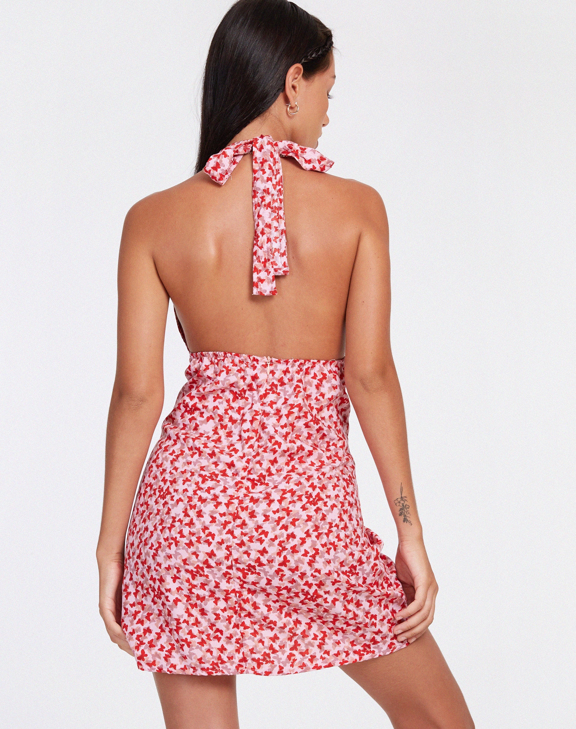 Afbeelding van Leana Mini Dress in Ditsy Butterfly Peach en Red