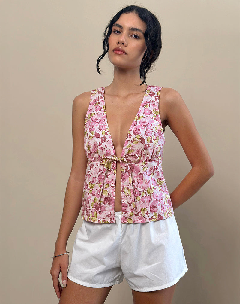 Leda Top met Stropdas in Bloesem Bloemig Roze