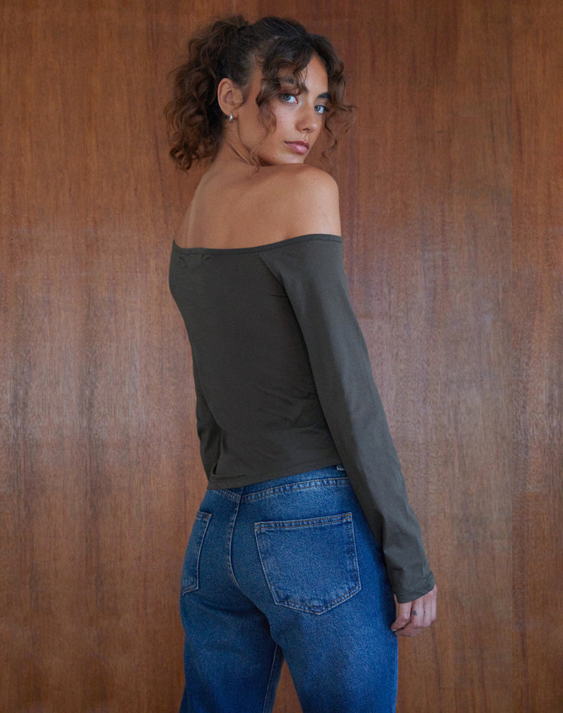 Afbeelding van Ledez Asymmetrische Slouchy Top in Olive Tissue Jersey