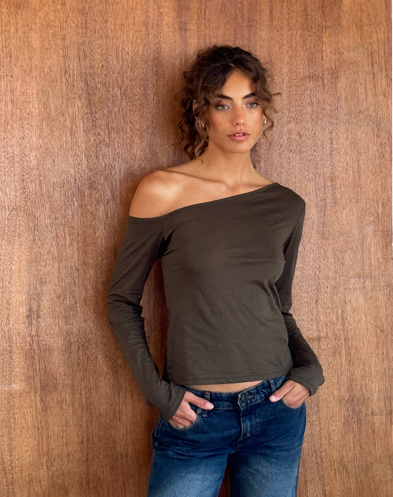 Ledez Asymmetrische Slouchy Top in Olive Tissue Jersey