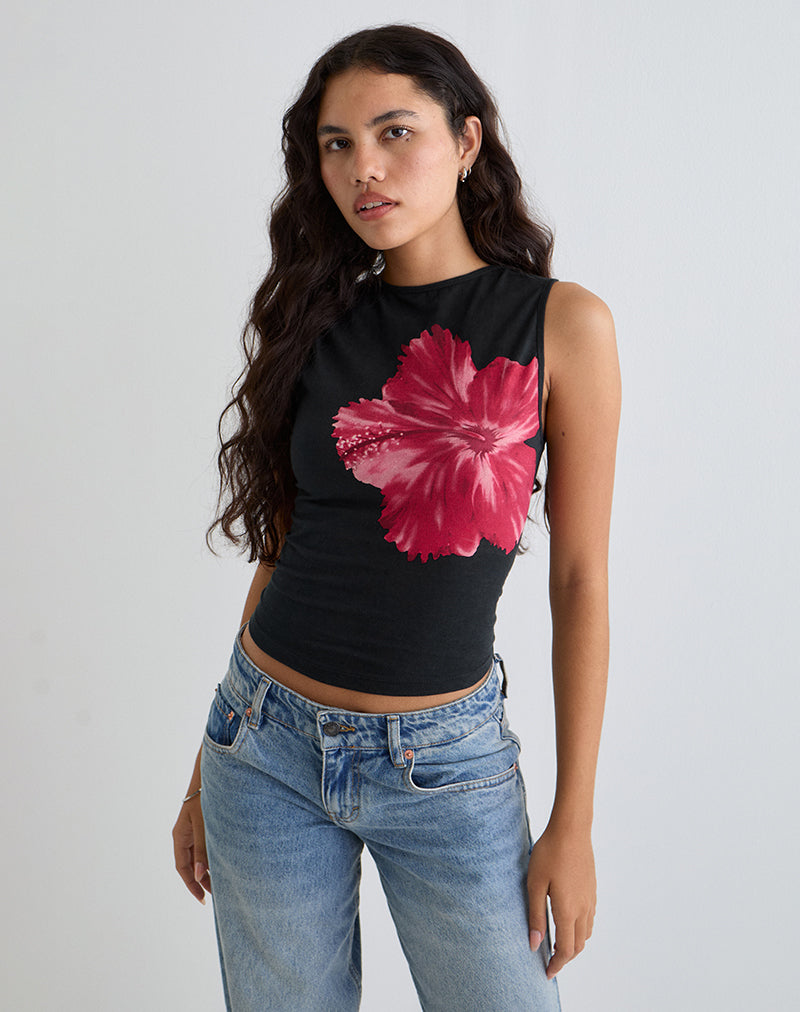 Leen Top in Zwart Hibiscusbloem Roze