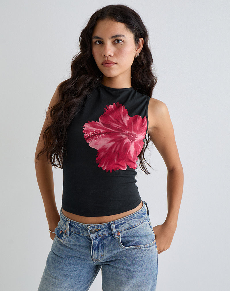 Afbeelding van Leen Top in Zwart Hibiscusbloem Roze