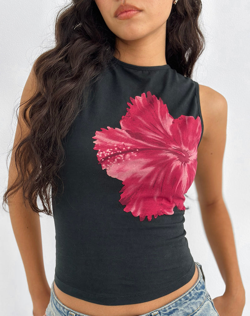 Leen Top in Zwart Hibiscusbloem Roze