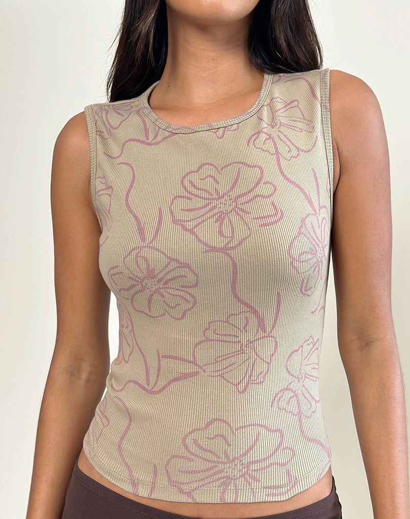 Leen Tanktop in Khaki Hibiscus Doodle Roze