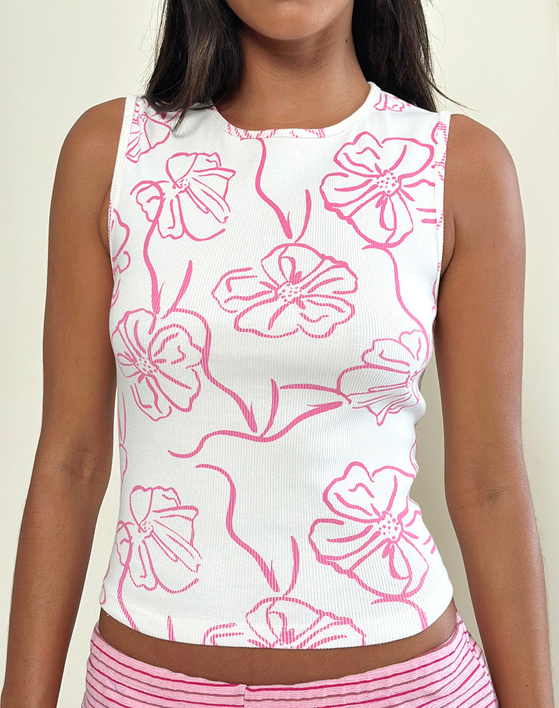 Afbeelding van Leen Tanktop in Wit met Roze Hibiscus Doodle Print