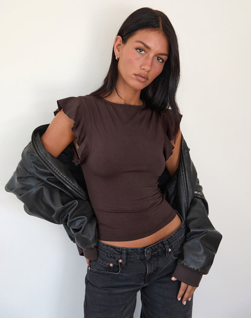 Leisle Frill Top in Bittere Chocolade