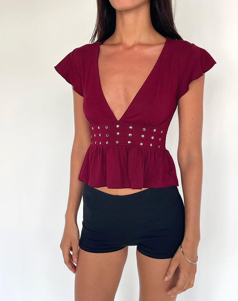 Afbeelding van Leisma Frill Top in Jersey Bourgondië met studs