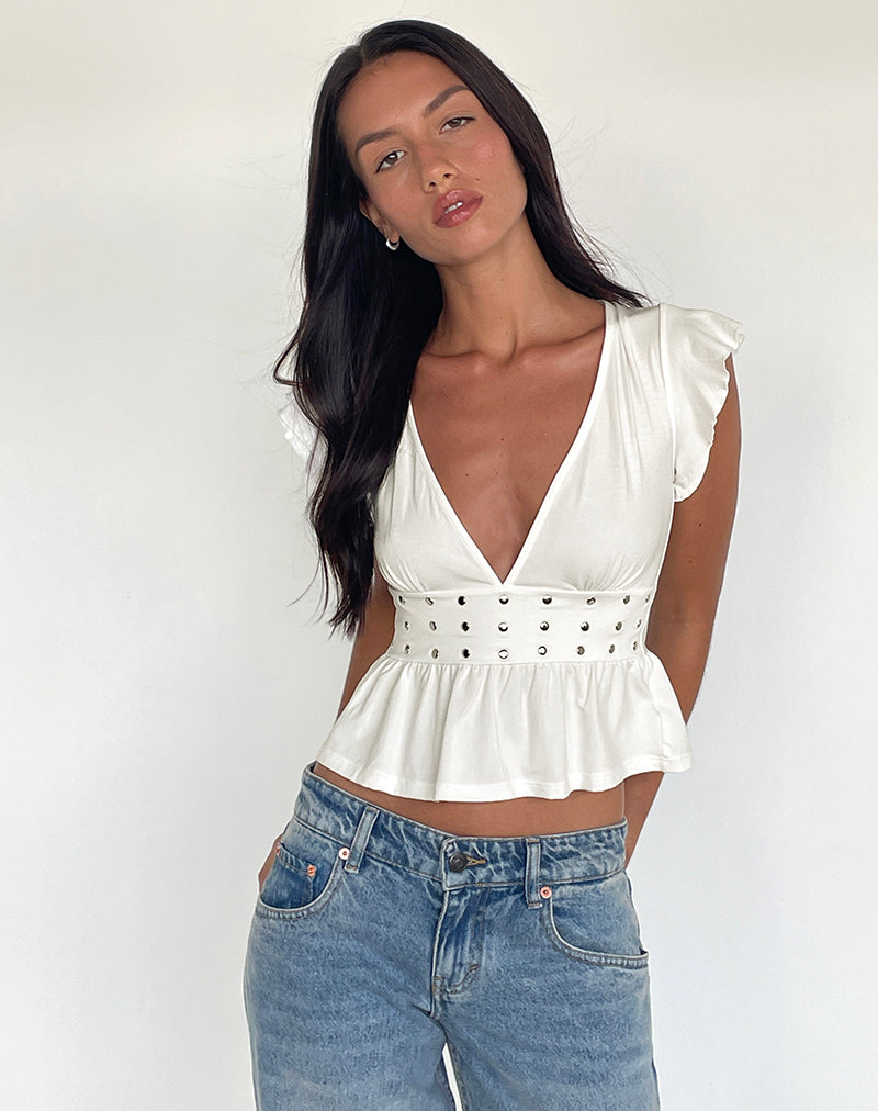 Leisma Frill Top in Jersey Wit met studs