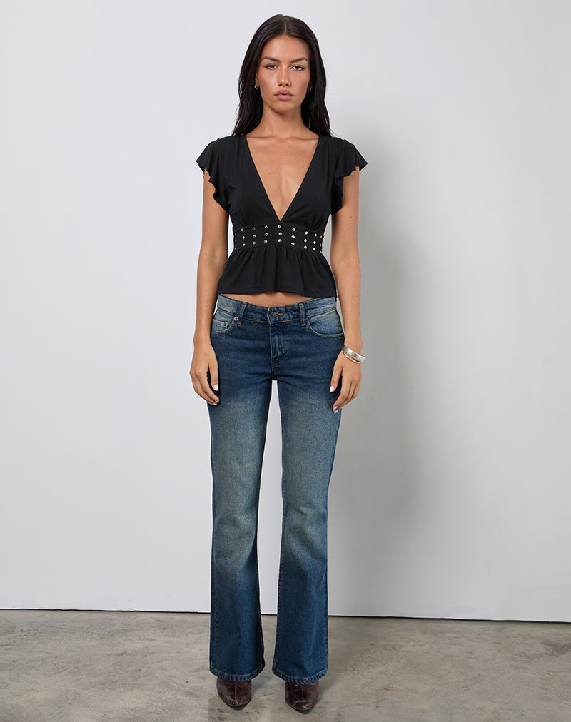 Afbeelding van Leisma Frill Top in Jersey Zwart met studs