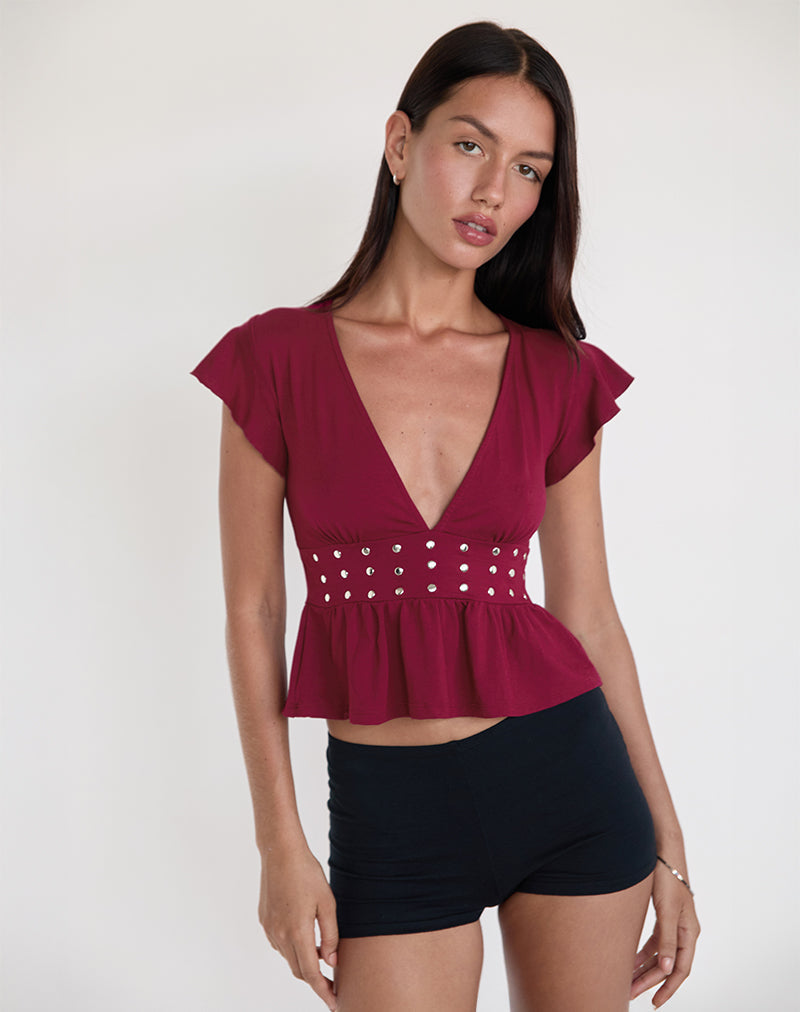 Afbeelding van Leisma Frill Top in Jersey Bourgondië met studs