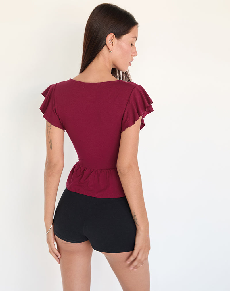 Afbeelding van Leisma Frill Top in Jersey Bourgondië met studs
