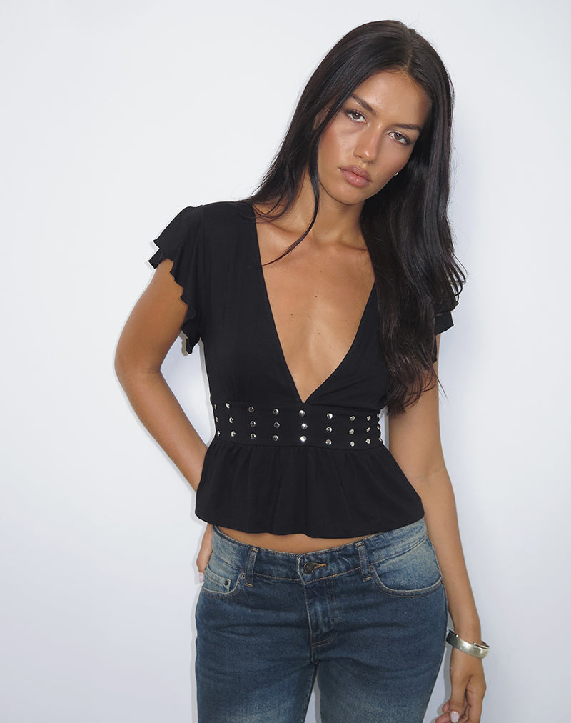 Afbeelding van Leisma Frill Top in Jersey Zwart met studs