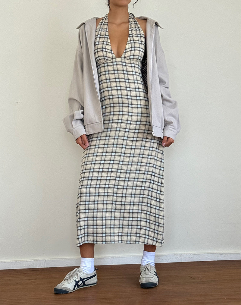 Afbeelding van Lenata Midi-jurk met halterhals in pastelblauw ruitjesmotief
