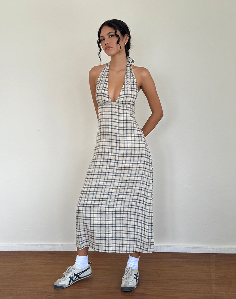 Lenata Midi-jurk met halterhals in pastelblauw ruitmotief