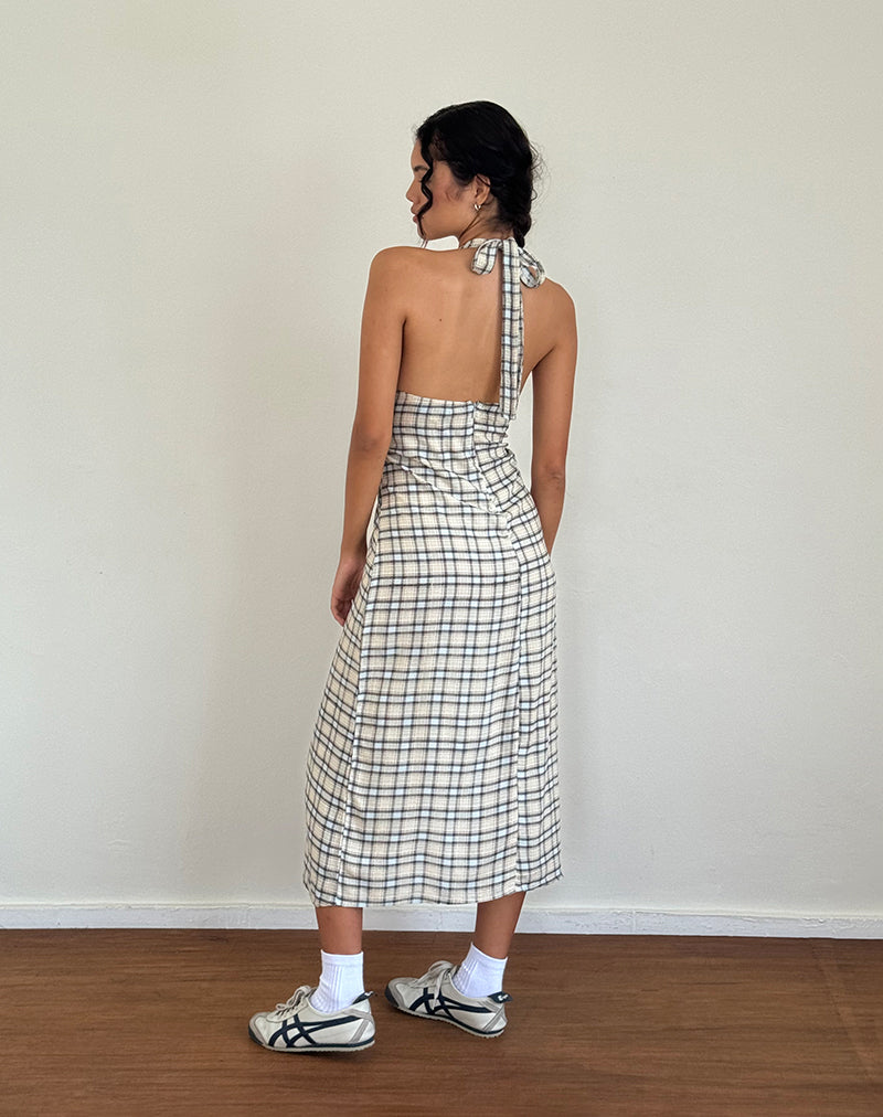 Lenata Midi-jurk met halterhals in pastelblauw ruitmotief
