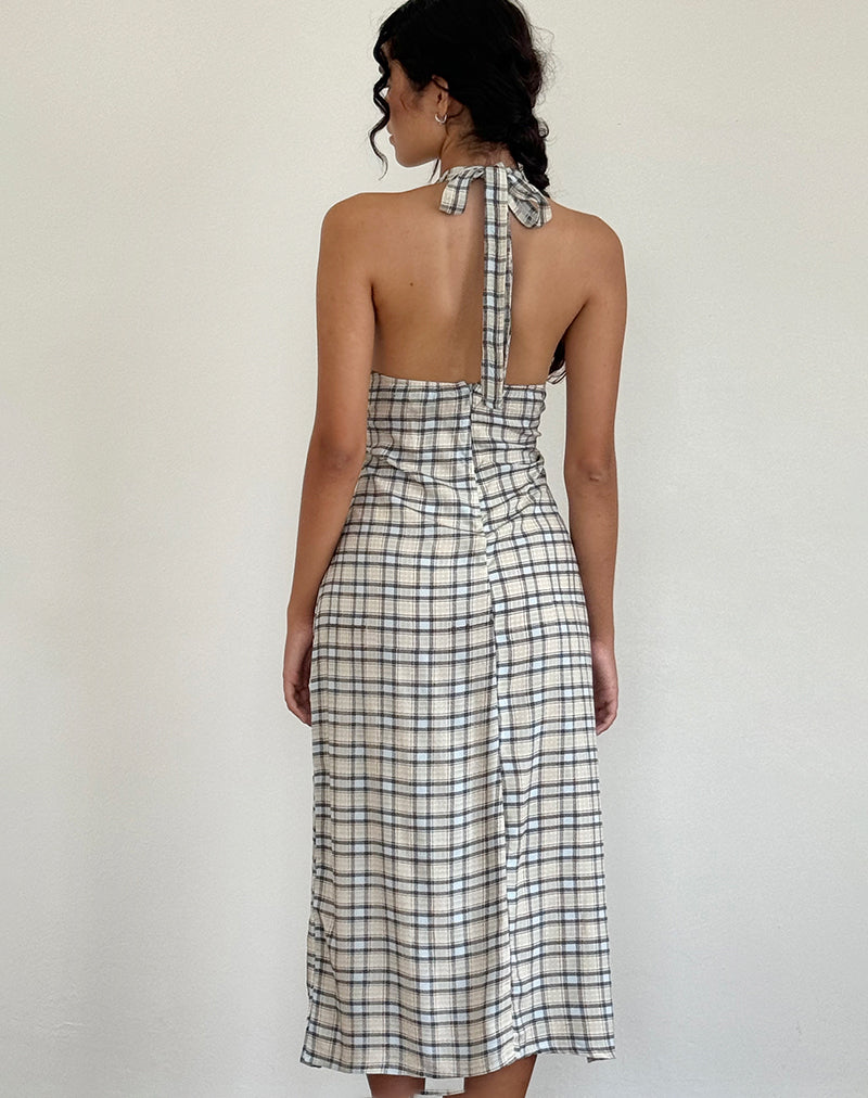 Afbeelding van Lenata Midi-jurk met halterhals in pastelblauw ruitjesmotief