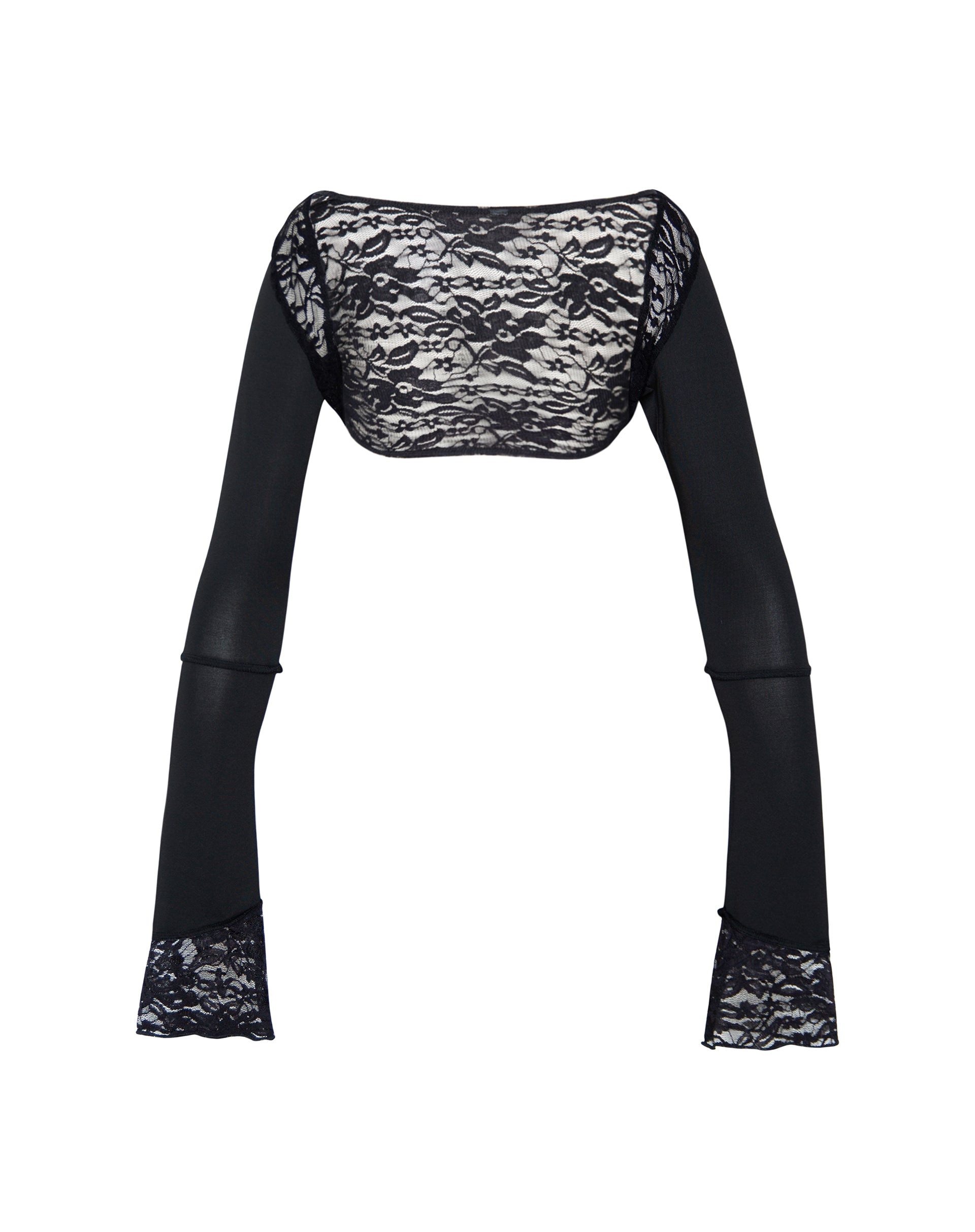Afbeelding van Lenny Kanten Shrug Top in Slinky Zwart met Witte Kanten Rand