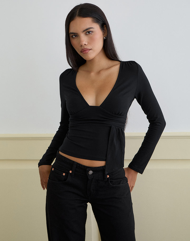 Levard Top met lange mouwen en drapering in Jersey Zwart
