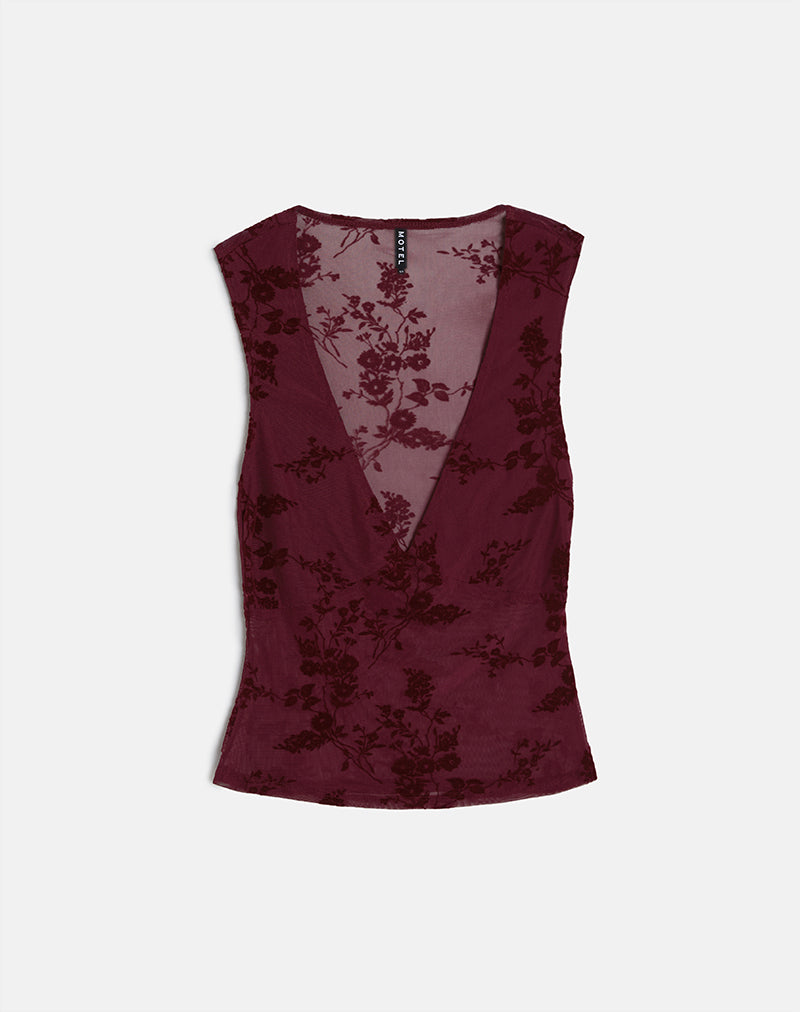 Afbeelding van Lihat Top in Botanical Flock Flower Maroon