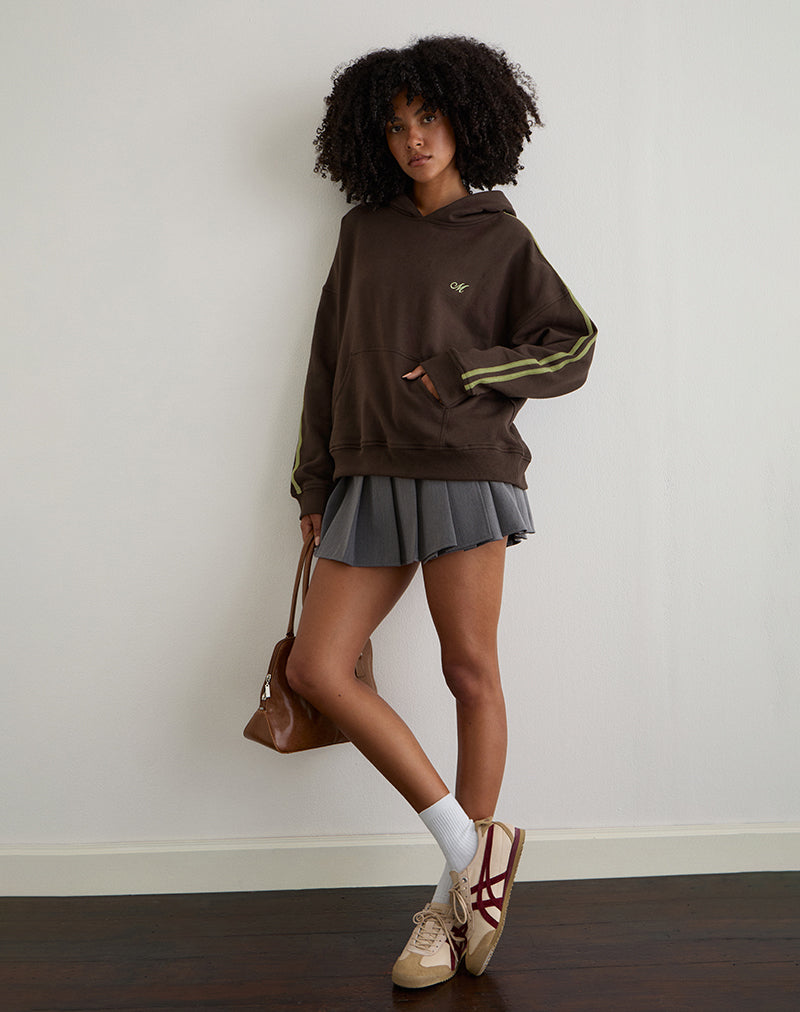Afbeelding van Lingwu Hoodie in Bittere Chocolade met Groene Binding en M-Borduursel