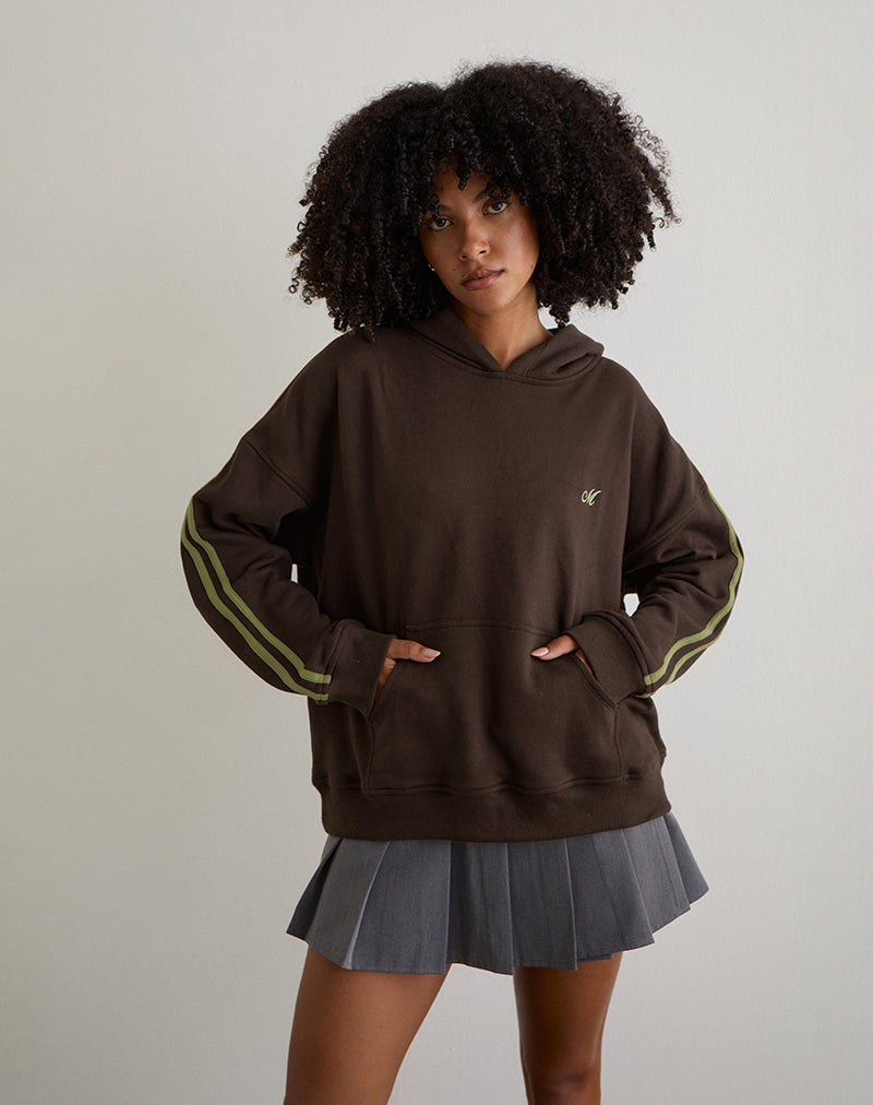Lingwu Hoodie in Bitter Chocolate met groene bies en M borduursel