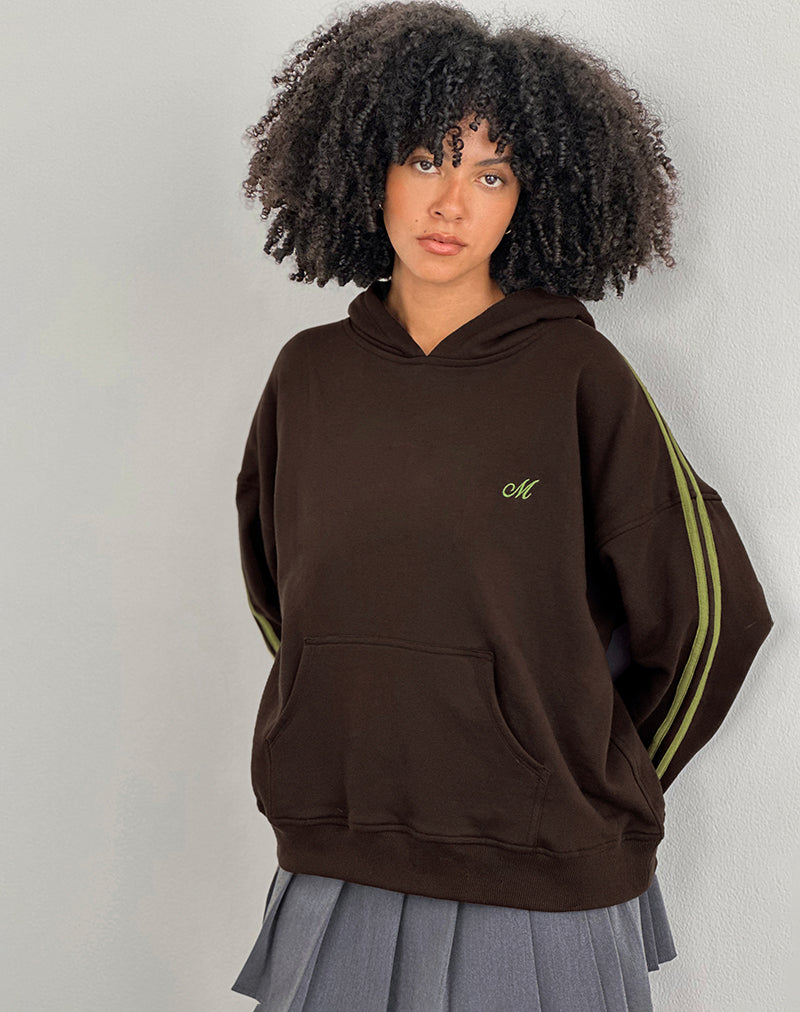 Afbeelding van Lingwu Hoodie in Bittere Chocolade met Groene Binding en M-Borduursel