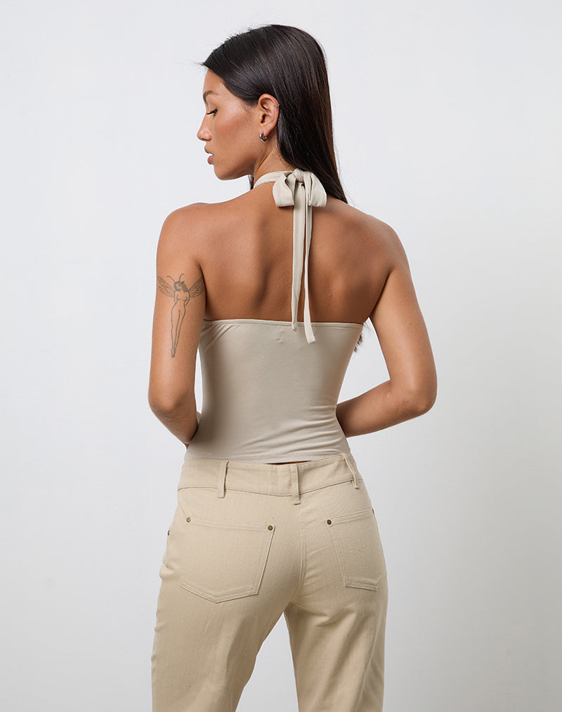 Afbeelding van Lorie Halterneck Top in Cupro Havermelk met Metalen Ring