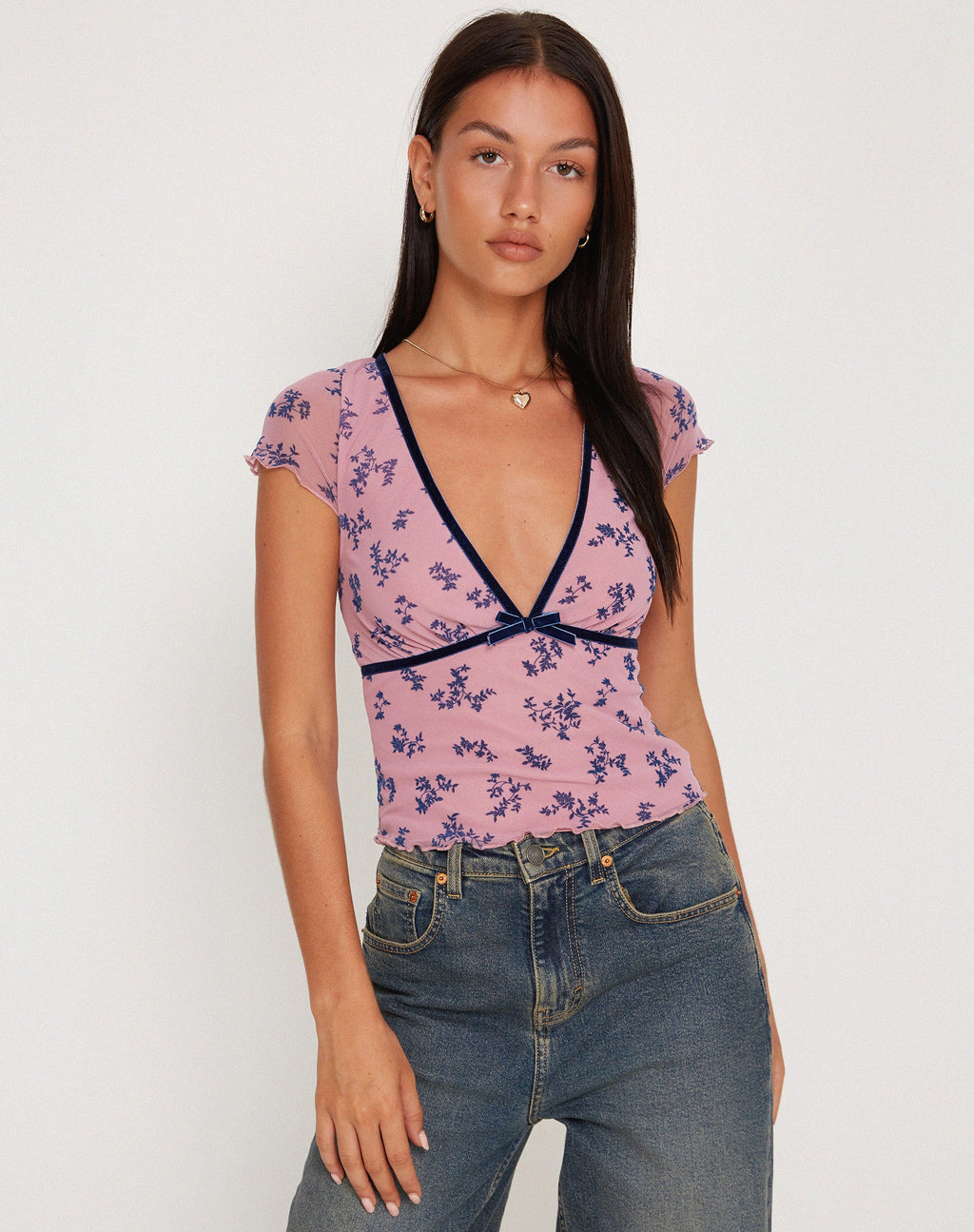 Livi top van mesh in roze en marine botanische vlok