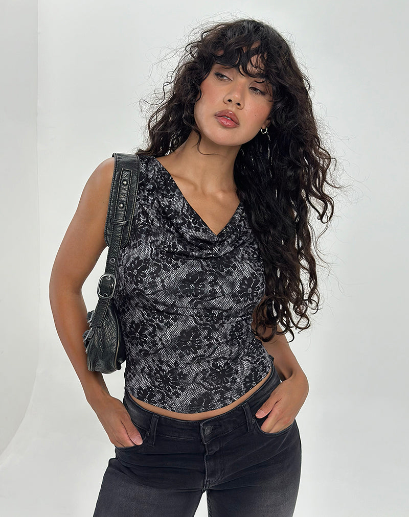 Lizette Top met ronde hals in Midnight Floral Grey