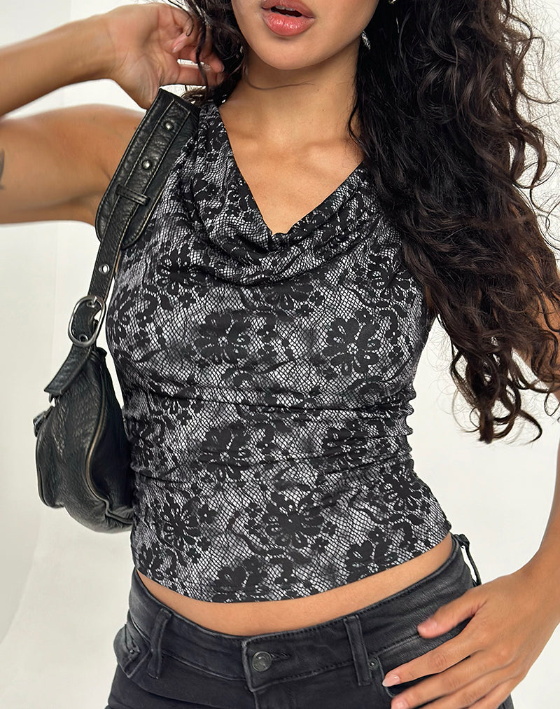 Lizette Top met ronde hals in Midnight Floral Grey