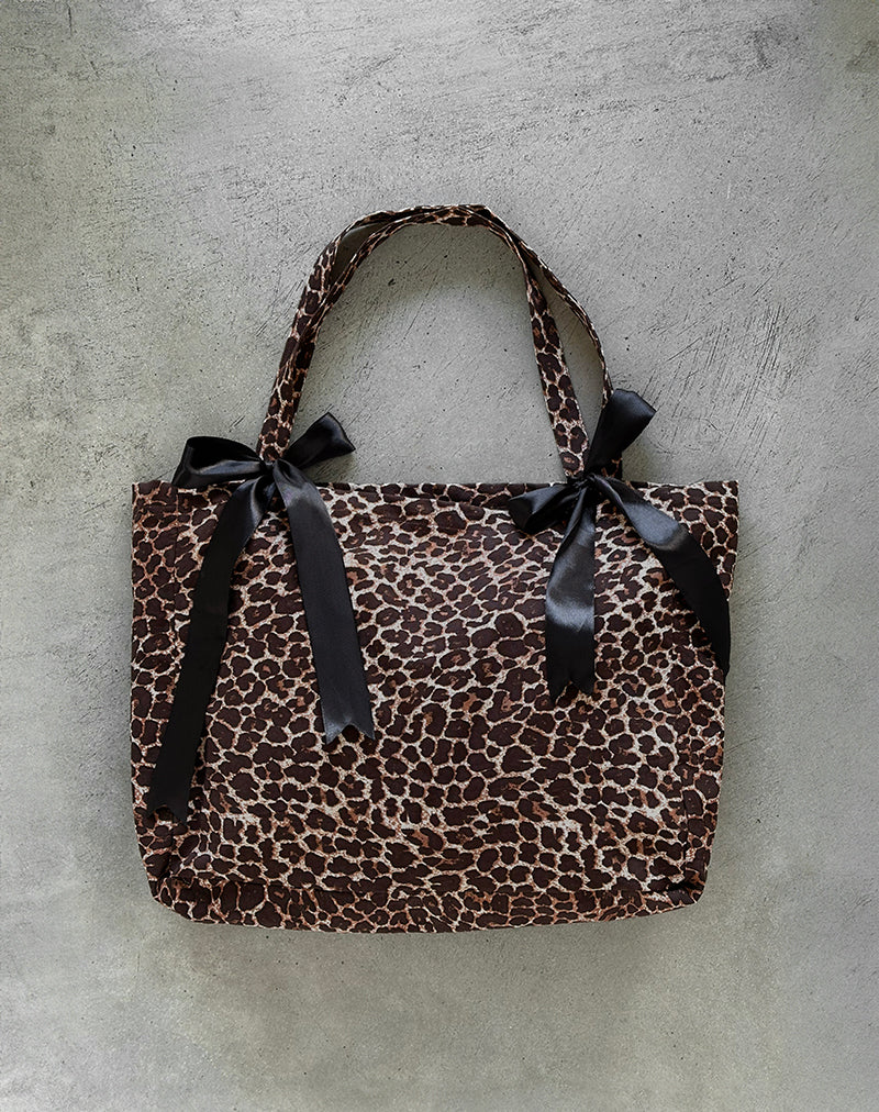 London Tas in Rar Luipaard zandstormprint met zwarte strikjes