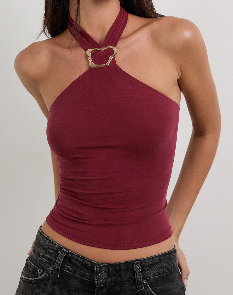 Lorie Halter Top in Cupro Donkerrood